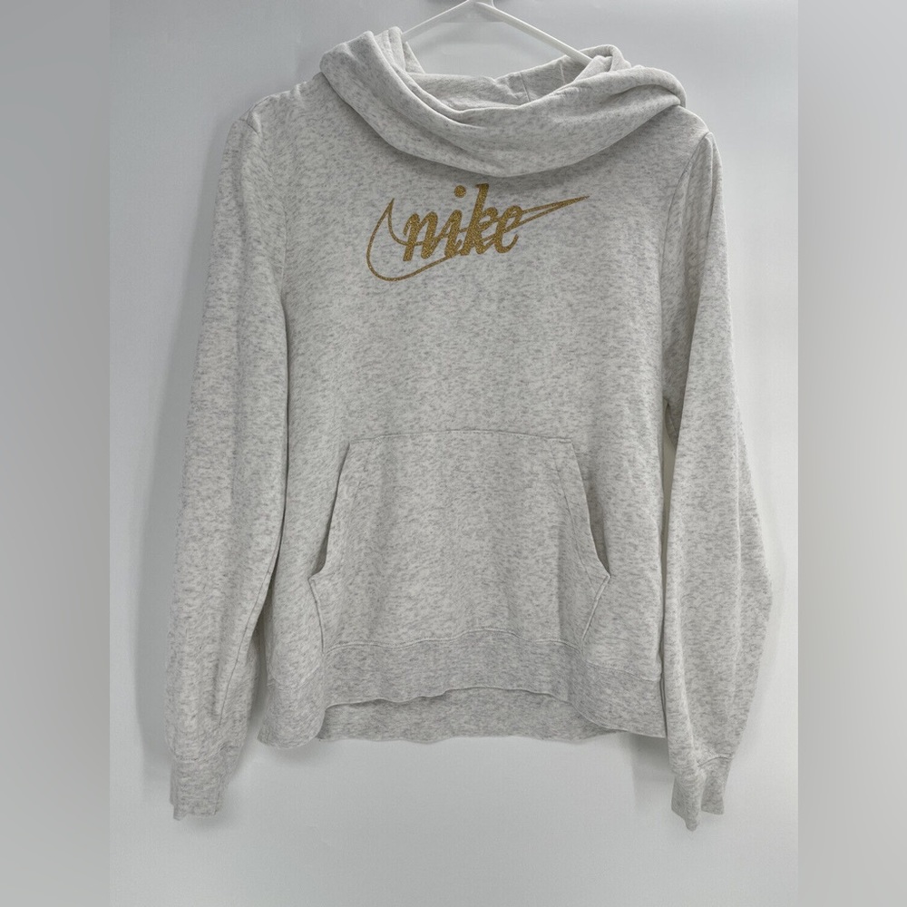 Women’s Nike Cowl Neck Gold Spell Out Gray Pullover Hoodie Size Small